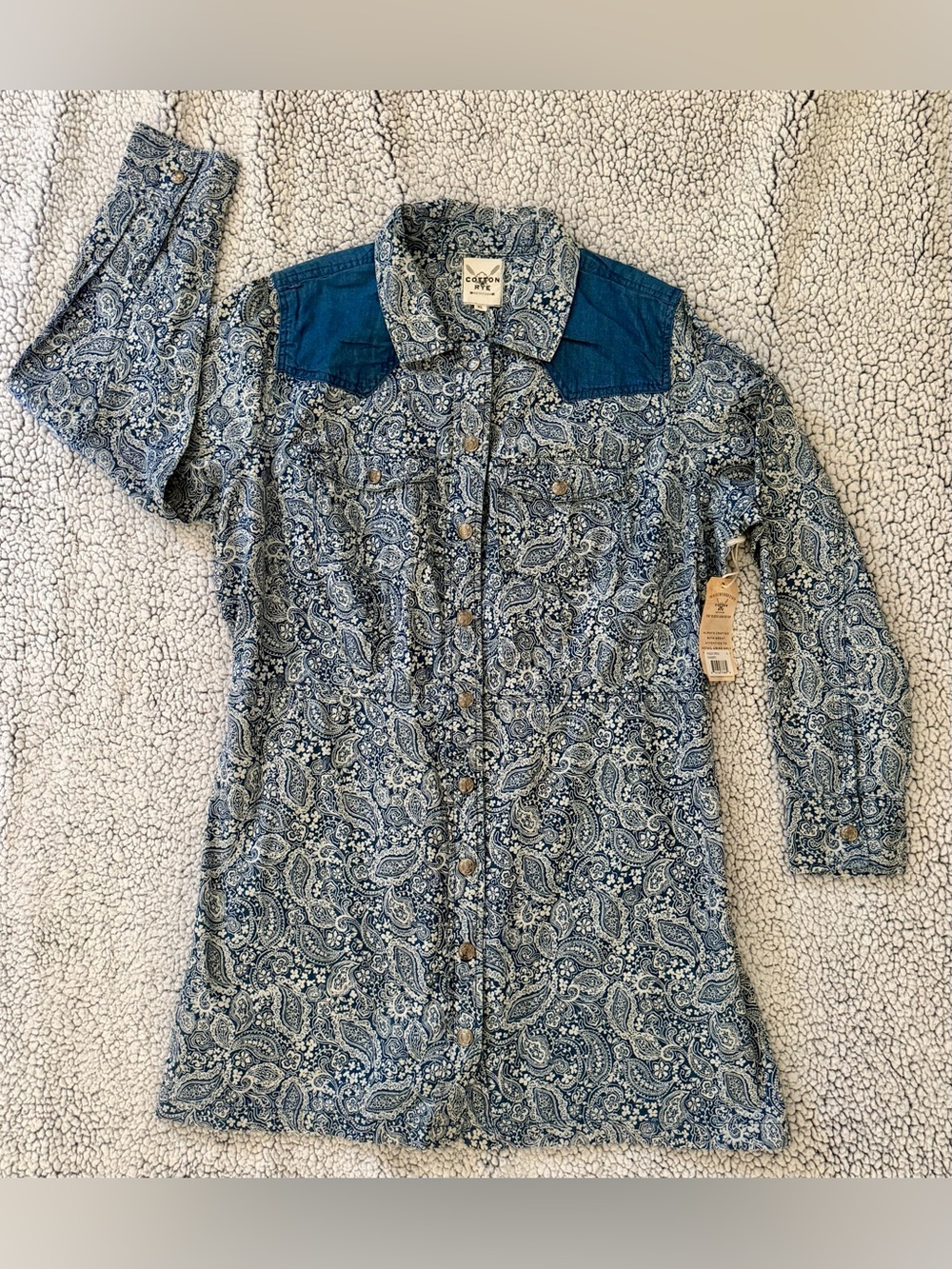 Cotton & Rye Blue Paisley Long Sleeve Shirt Dress with Cinched Waist
